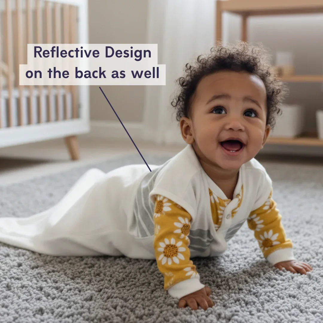 Baby crawling on a carpeted floor with text about reflective design.