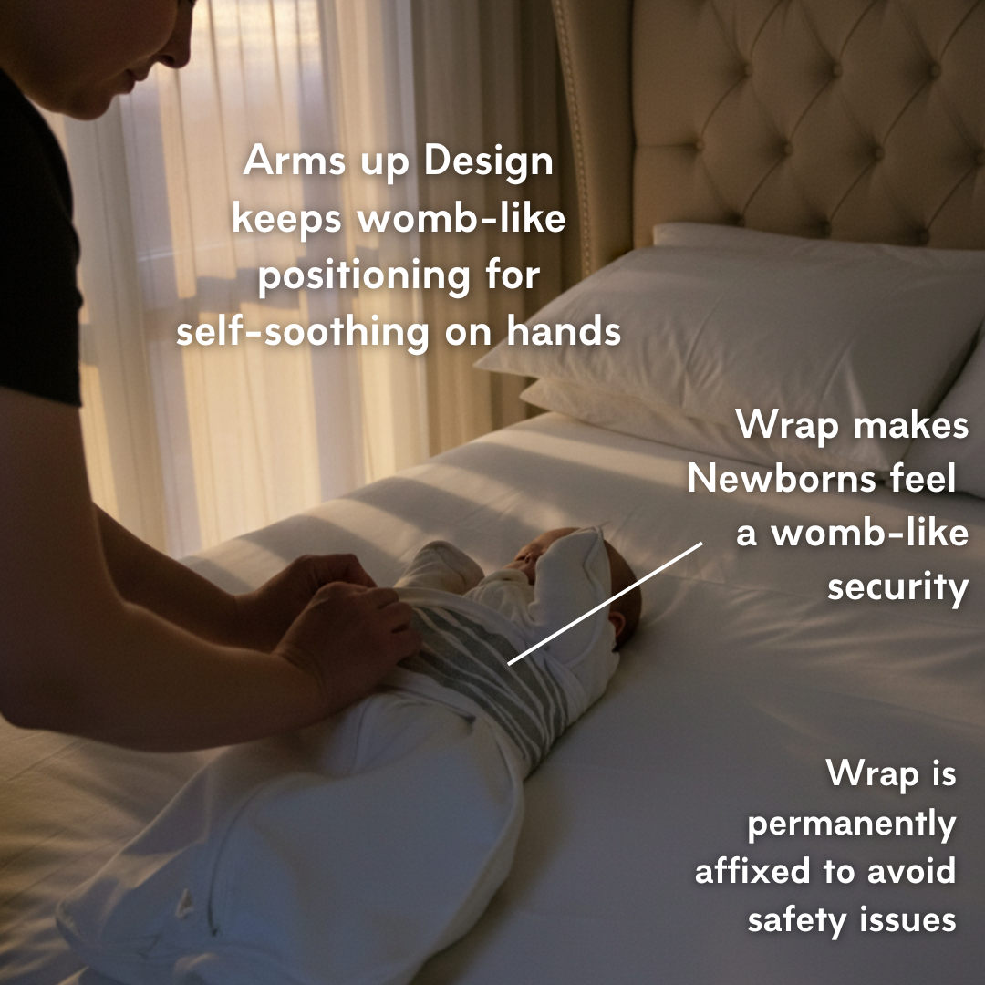 Person holding a baby wrapped in a blanket on a bed with text explaining the benefits of the wrap.