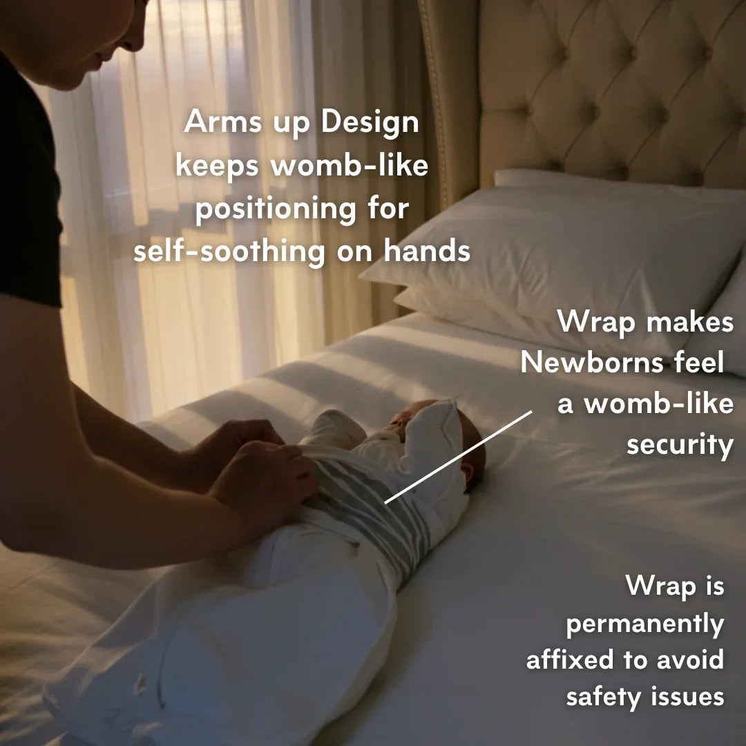 Person holding a baby wrapped in a blanket on a bed with text explaining the benefits of the wrap.