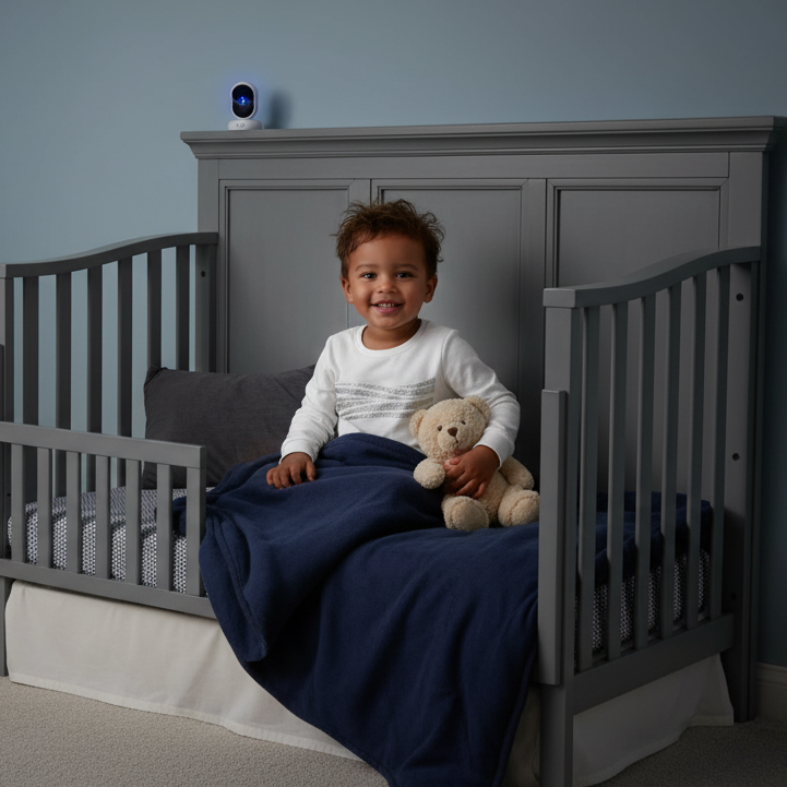 Child sitting in a crib with a teddy bear, surrounded by a teepee and toys in a room with gray walls.