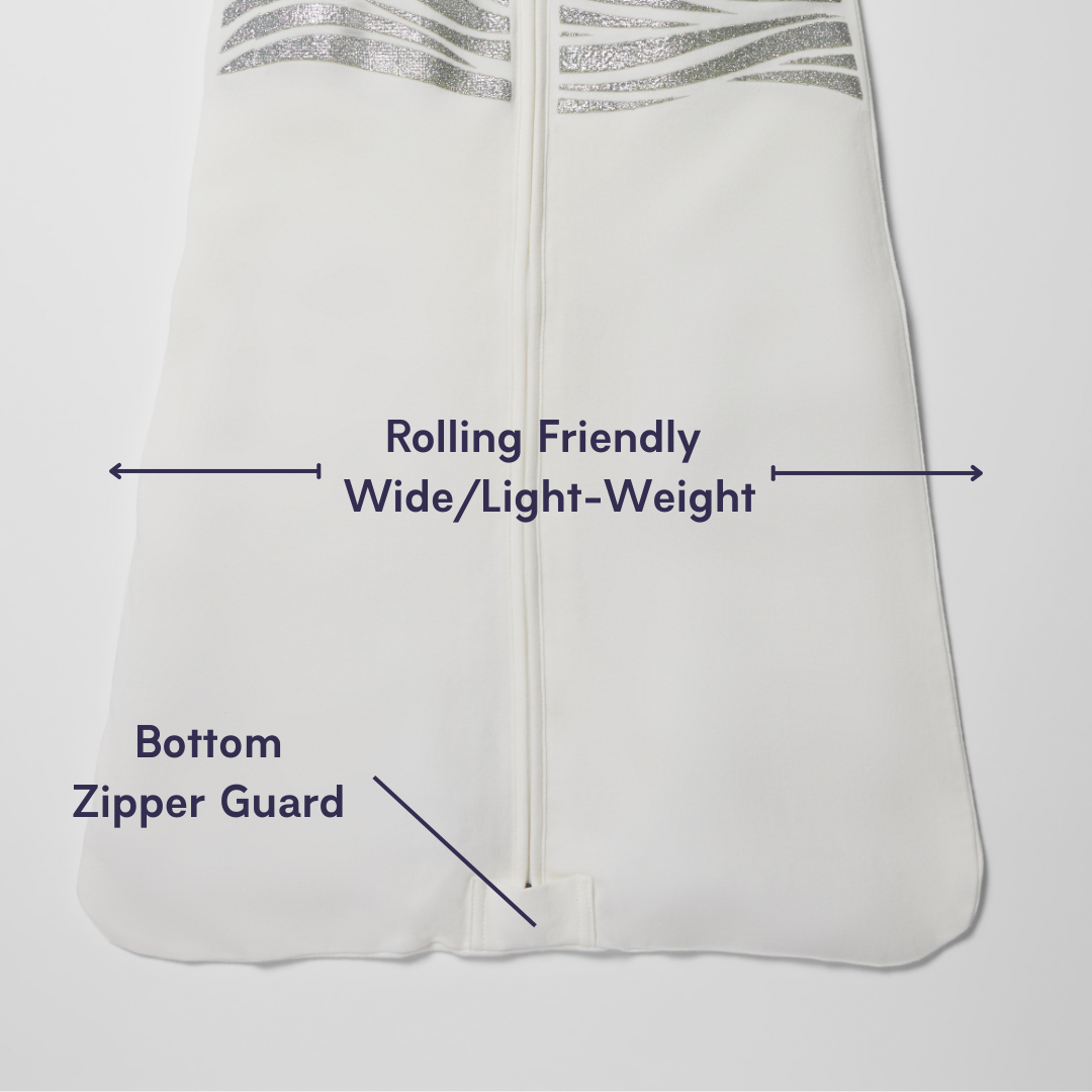 White garment bag with a center zipper, labeled features include “Rolling Friendly Wide/Light-Weight” near the middle and “Bottom Zipper Guard” at the bottom, with arrows indicating these areas.