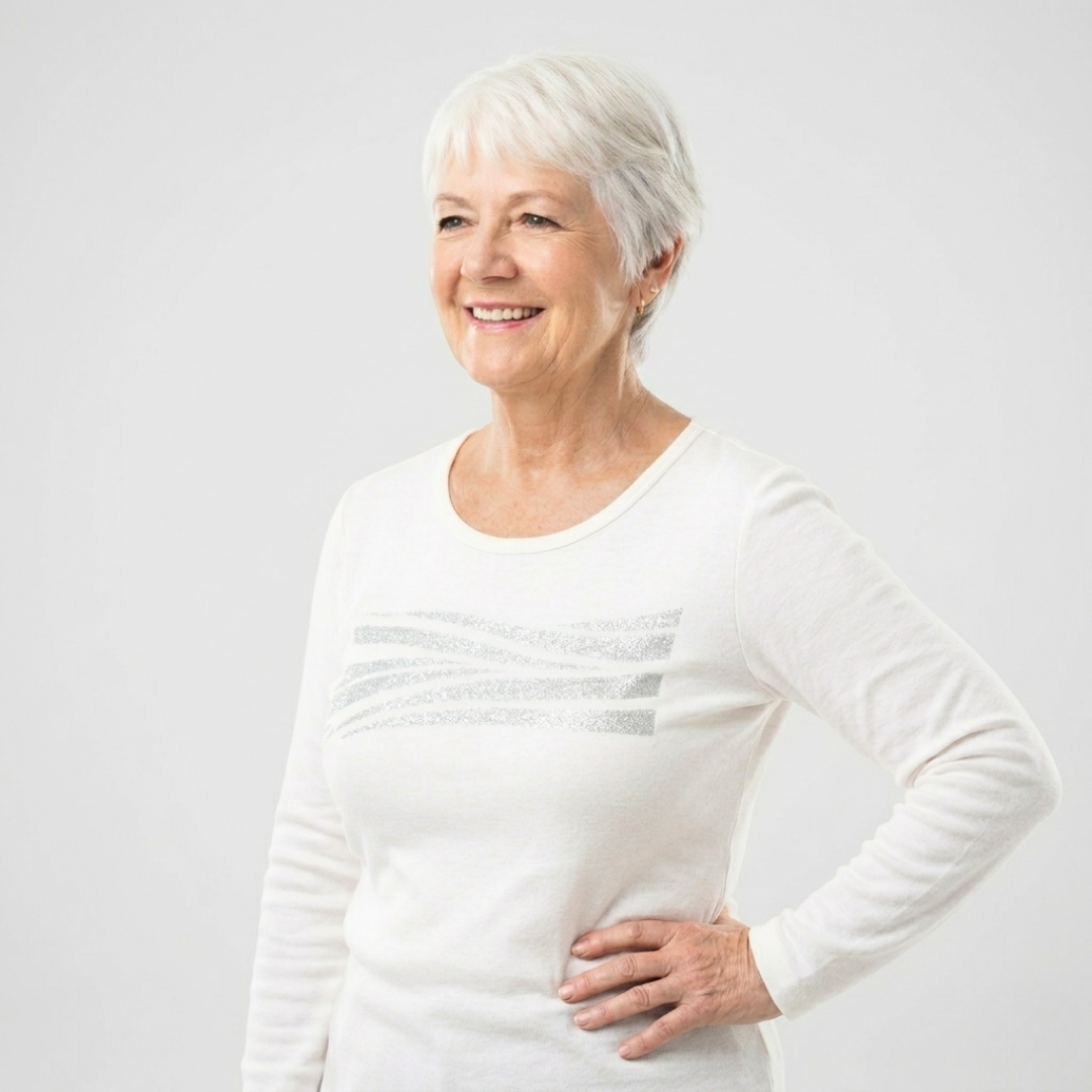Woman wearing a white long-sleeve shirt against a light gray background