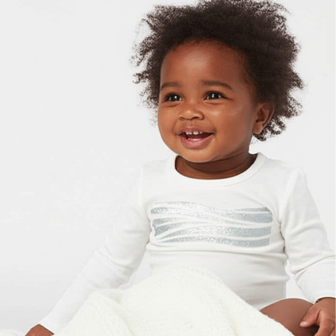 Baby wearing a white outfit with a textured pattern on a plain background