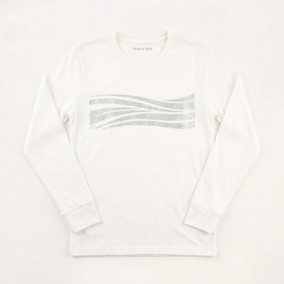 White long-sleeve shirt with a silver reflective pattern on a white background
