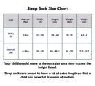The Early Stages Pack | Swaddle + Sleep Sack size chart compares small and medium sizes by age, height (in/inches & cm), and weight (lb/kg), and includes guidance on sizing up and intended fit for safe baby sleepwear.
