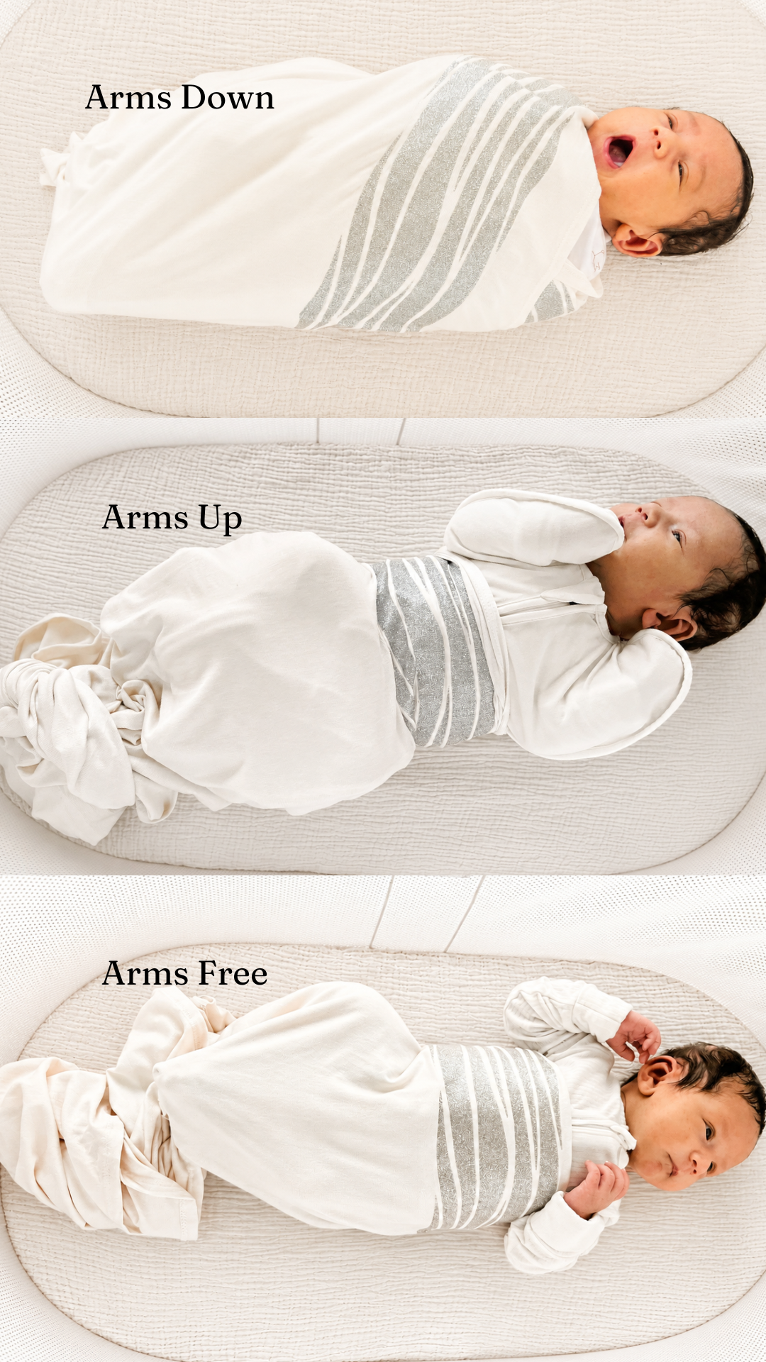 Three-panel demonstration showing a newborn baby wrapped in a white muslin swaddle blanket with gray stripes, labeled Arms Down, Arms Up, and Arms Free, lying on a textured cream mattress.
