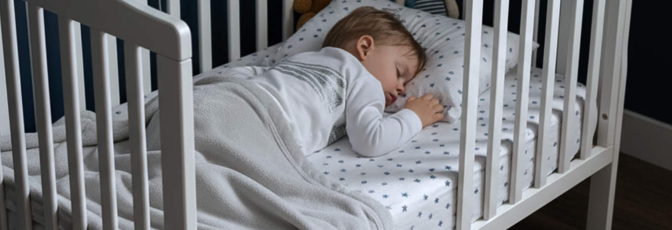 Toddler sleeping wearing a Sleep of Mind Breathing Reassurance pajama top