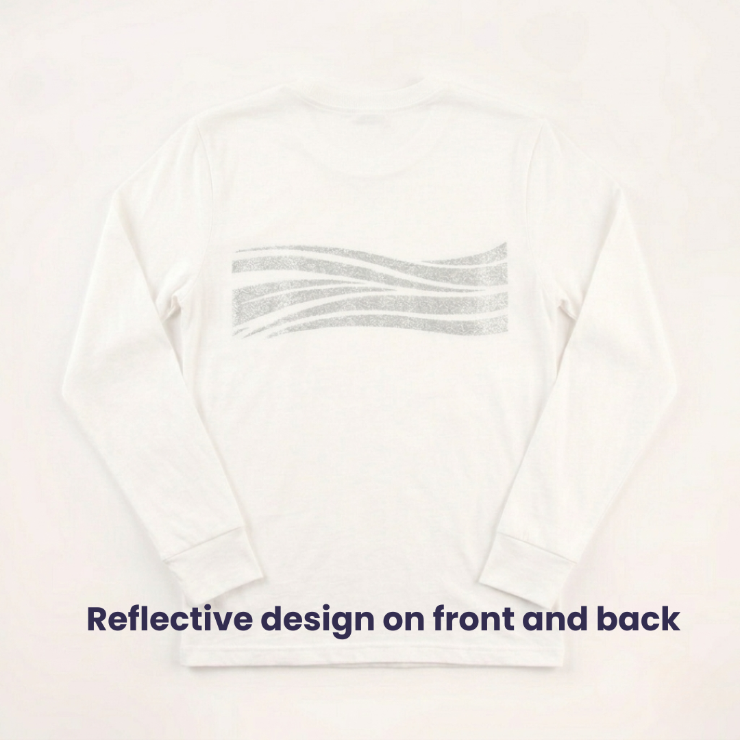 White shirt with reflective design on front and back on a light background
