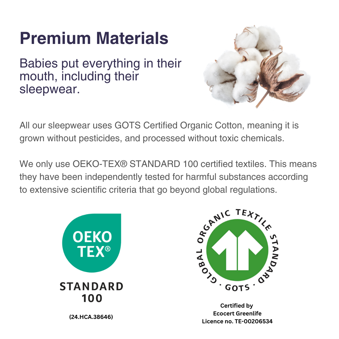 Because infants spend many hours in their sleepwear, plus they put everything in their mouth, we chose certified organic, low-tox textiles to help reduce their overall chemical exposure during a critical stage of development.