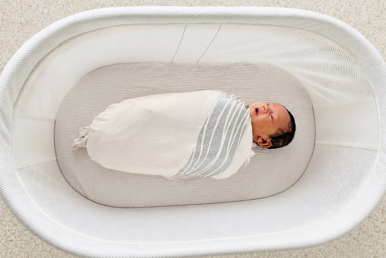 A newborn baby wrapped in a light blanket with gray stripes lies in a white bassinet on a soft, beige carpet.