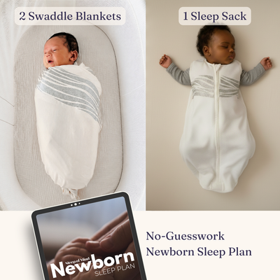 Two images feature a newborn: one cozily wrapped in swaddle blankets and another peacefully resting in a sleep sack. Below, a tablet displays the Baby Shower Bundle | 0 - 6 months with the caption “No-Guesswork Newborn Sleep Guide,” offering parents clear solutions for restful nights.