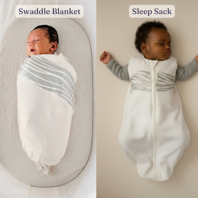 Side-by-side comparison: On the left, a baby is wrapped with arms in using the breathable swaddle from the Early Stages Bundle | 0 - 6 months; on the right, a baby sleeps with arms out in the sleep sack from the same bundle. Both infants lie comfortably on soft, light bedding—demonstrating two cozy and secure options for baby sleepwear included in the Early Stages Bundle | 0 - 6 months.