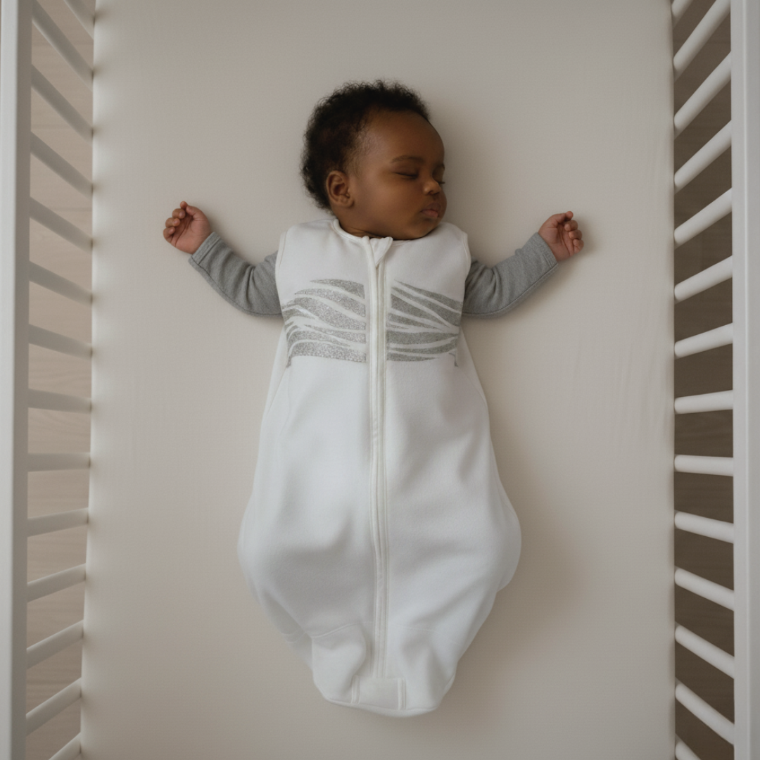 A baby sleeps peacefully on their back in a crib with white bars and a light beige sheet, snuggled in the Early Stages Bundle | 0 - 6 months—a cozy white swaddle sleep sack layered over a gray long-sleeve shirt.