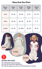 Sleep sack size chart with a chart depicting the three sizes and their measurements with a fit warning 