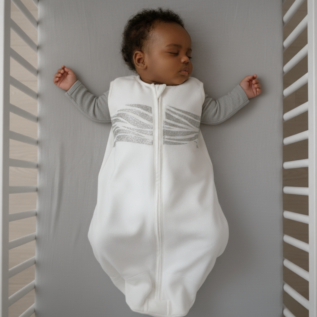 Baby wearing a white breathing reassurance sleep sack, lying in a crib.