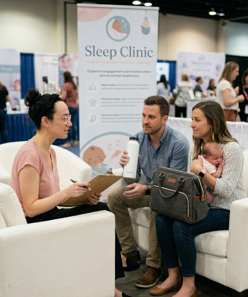 Woman with a clipboard talking to a couple with a baby at a Sleep Clinic event.