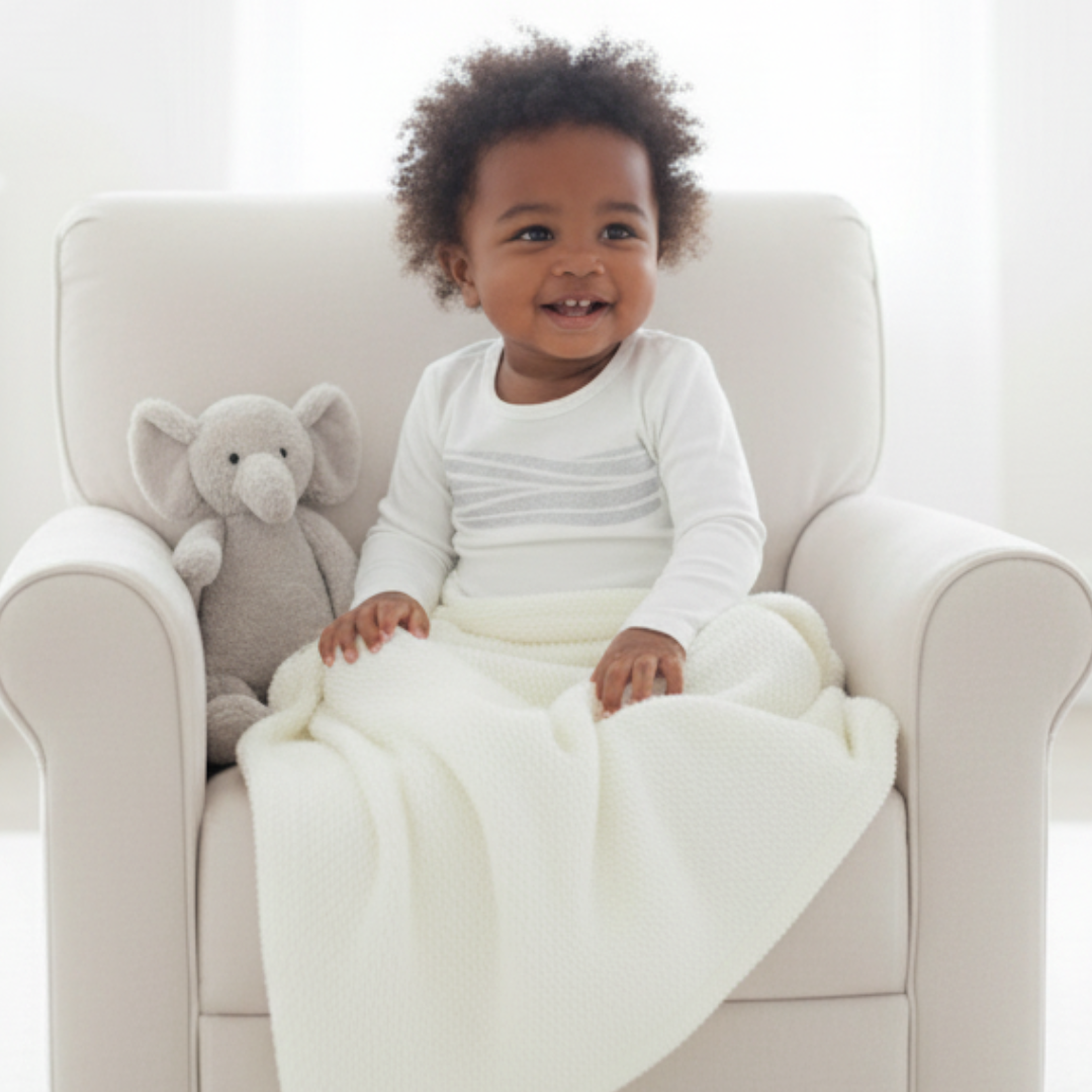 Child sitting on a white armchair with a soft toy, wearing a white breathing reassurance pajama top from Sleep of Mind